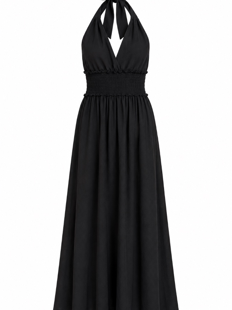 Jodifl Black Halter Tie Maxi Dress | Size Large | Smocked Flowy Sleeveless Dress